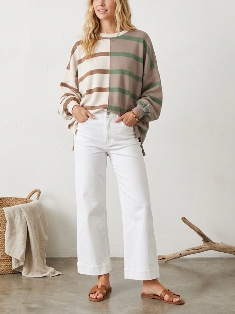 Free People Uptown Oversized Crewneck Pullover Sweatshirt in Cream Brown Green